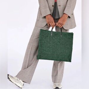 Clare V Simple Tote Evergreen Woven Leather Rattan Tote Green Minimalist Croquet